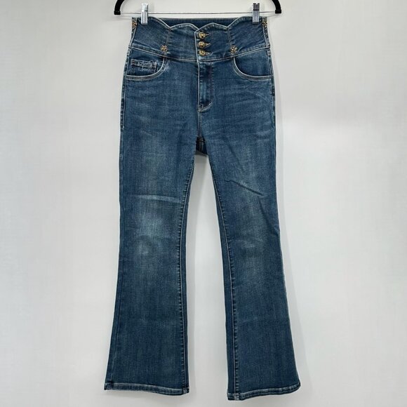 Decorative Flowers Scalloped Waistband Flare Leg Jeans Size 28 - Picture 1 of 5